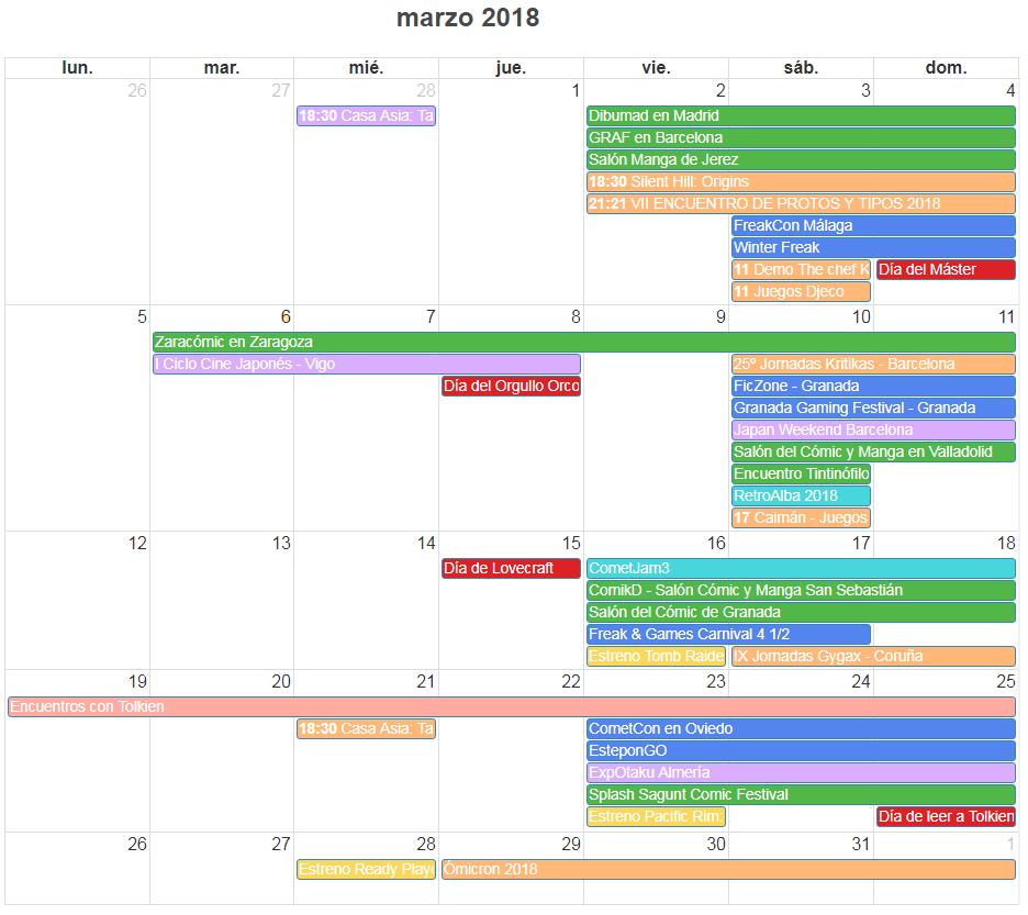 Calendario y agenda eventos frikis marzo 2018
