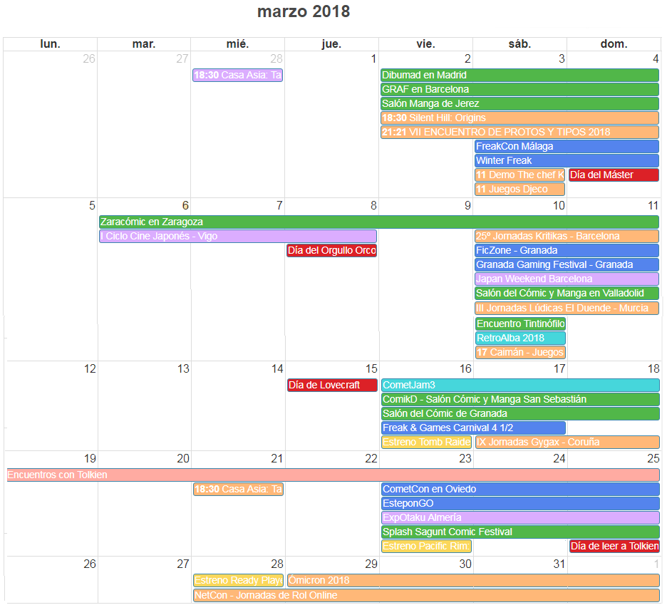 Calendario agenda de eventos frikis marzo 2018