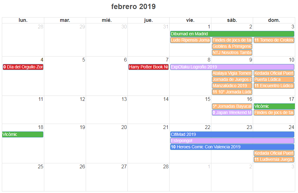 calendario friki de febrero 2019