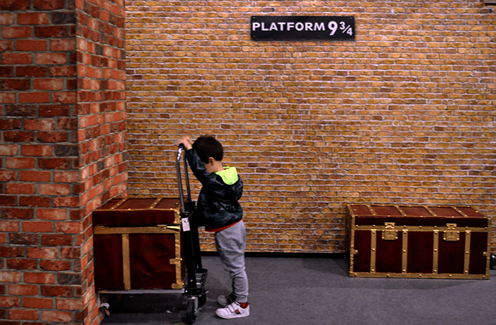 GIF Plataforma 9 y 3/4 Harry Potter con niño