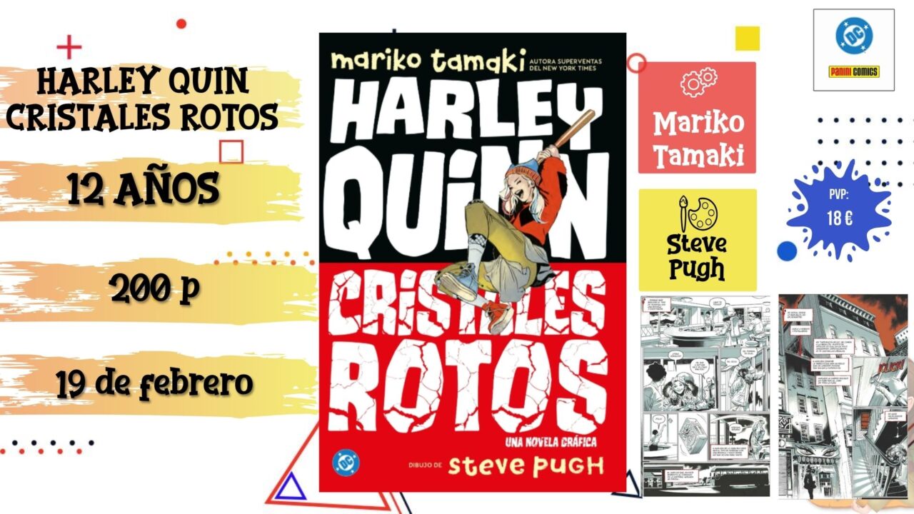 Portada del cómic infantil "Harley Quin Cristales rotos" de Panini, novedad de febrero 2026.