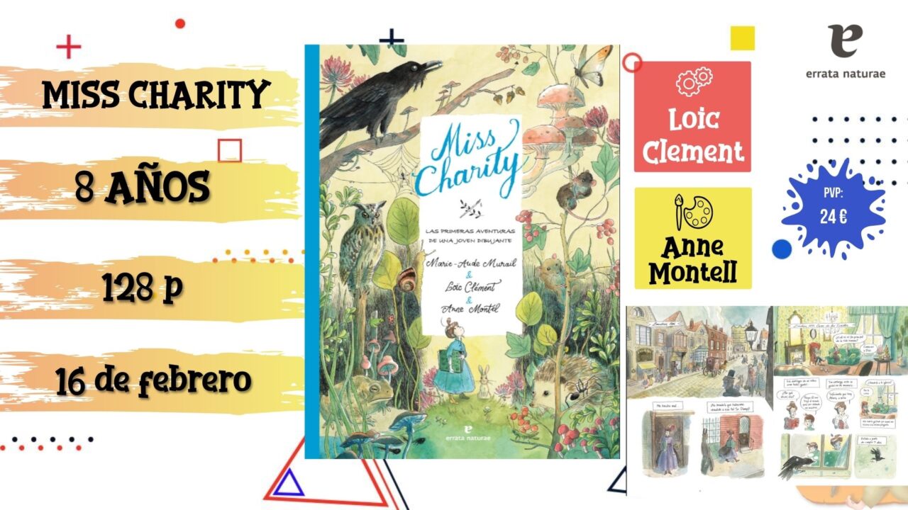 ortada del cómic infantil "Miss Charity" de Errata Naturae, novedad de febrero 2026.