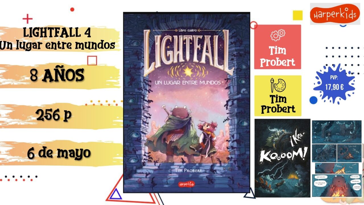 Portada del cómic infantil "Lightfall 4. Un lugar entre mundos" de Harper Kids, novedad de mayo 2026.