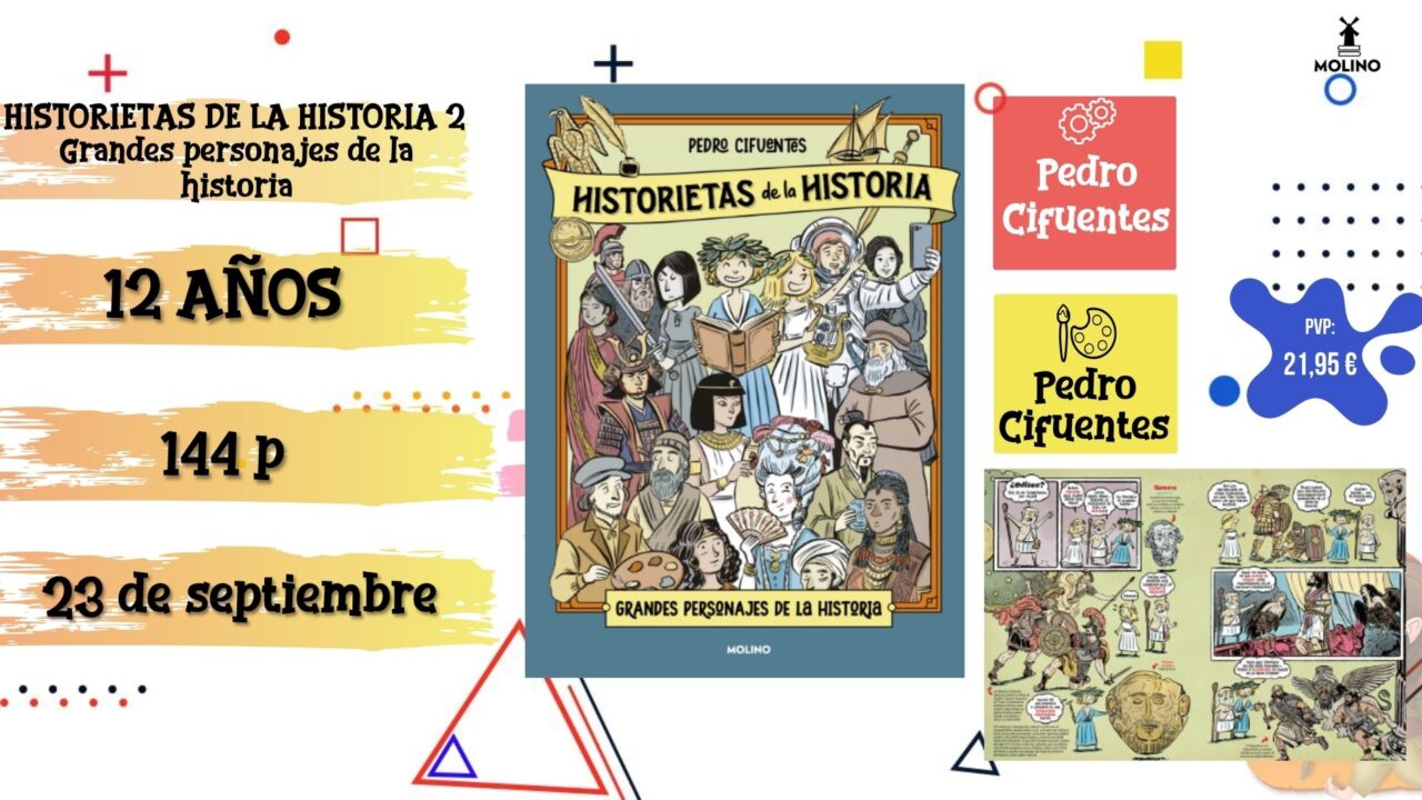 Portada del cómic infantil "Historietas de la historia 2. Personajes de la historia" de Molino, novedad de septiembre 2026.